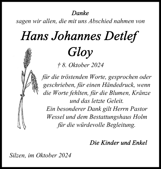 Traueranzeige von Hans Johannes Detlef Gloy von Schleswig-Holsteinische Landeszeitung