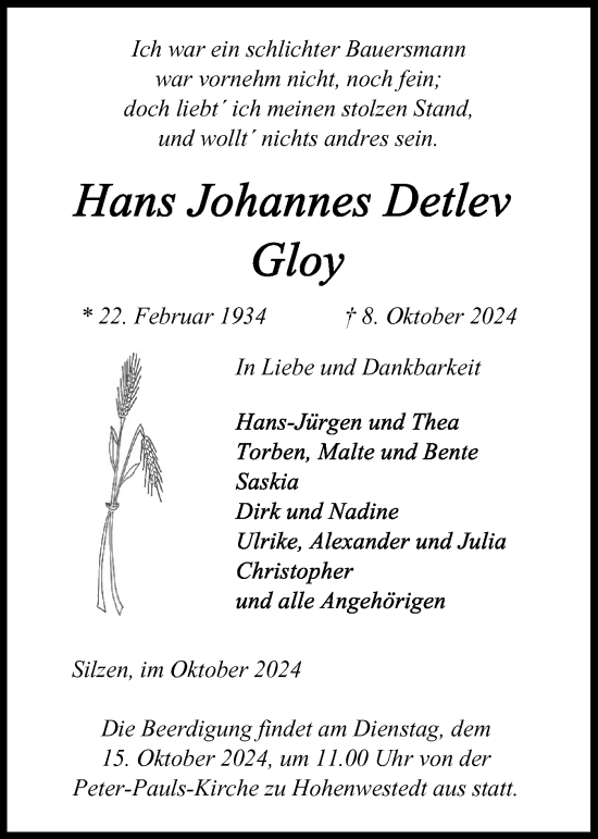 Traueranzeige von Hans Johannes Detlev Gloy von Schleswig-Holsteinische Landeszeitung