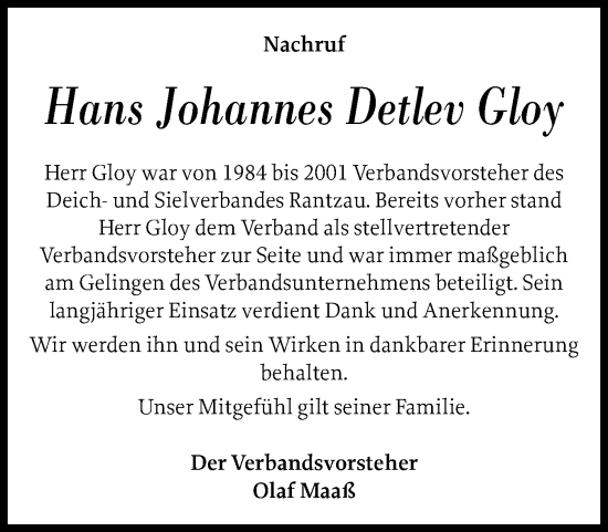 Traueranzeige von Hans Johannes Detlev Gloy von Norddeutsche Rundschau, Wilstersche Zeitung, Glückstädter Fortuna