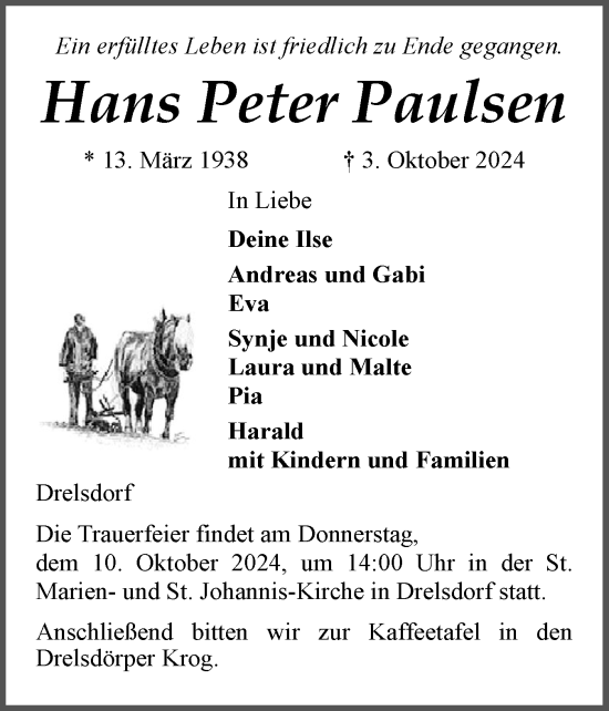 Traueranzeige von Hans Peter Paulsen von Husumer Nachrichten, Nordfriesland Tageblatt