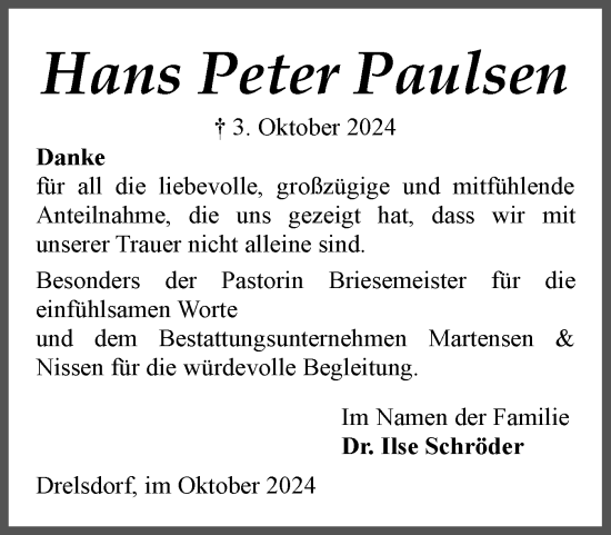 Traueranzeige von Hans Peter Paulsen von Husumer Nachrichten, Nordfriesland Tageblatt