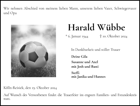 Traueranzeige von Harald Wübbe von Elmshorner Nachrichten, Barmstedter Zeitung