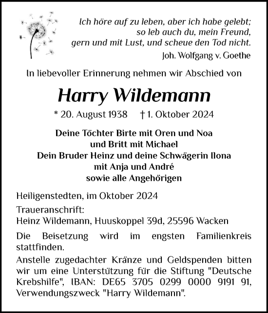 Traueranzeige von Harry Wildemann von Norddeutsche Rundschau, Wilstersche Zeitung, Glückstädter Fortuna