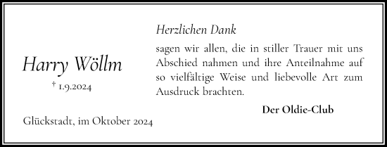 Traueranzeige von Harry Wöllm von Norddeutsche Rundschau, Wilstersche Zeitung, Glückstädter Fortuna