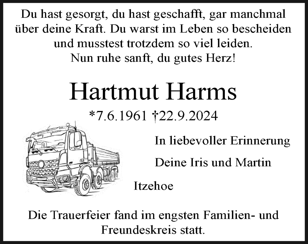  Traueranzeige für Hartmut Harms vom 12.10.2024 aus Norddeutsche Rundschau, Wilstersche Zeitung, Glückstädter Fortuna