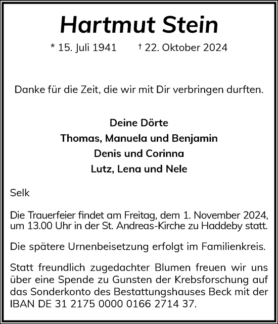 Traueranzeige von Hartmut Stein von Schleswiger Nachrichten, Schlei-Bote