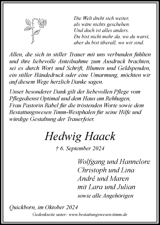 Traueranzeige von Hedwig Haack von Region Pinneberg und tip Pinneberg