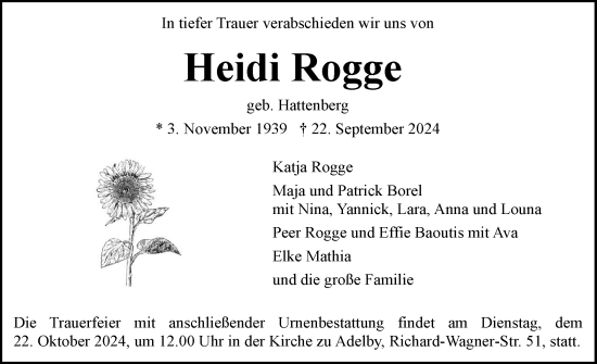 Traueranzeige von Heidi Rogge von Flensburger Tageblatt