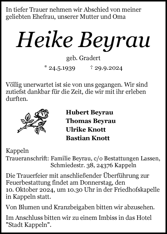 Traueranzeige von Heike Beyrau von Schleswiger Nachrichten, Schlei-Bote