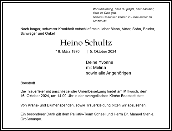 Traueranzeige von Heino Schultz von Holsteinischer Courier