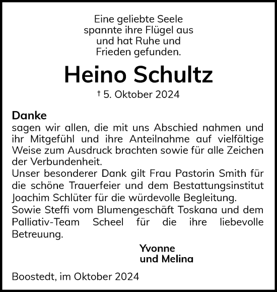 Traueranzeige von Heino Schultz von Holsteinischer Courier