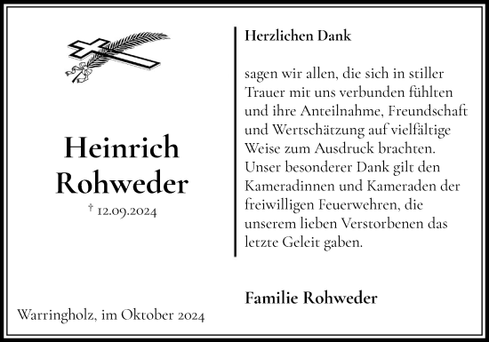 Traueranzeige von Heinrich Rohweder von Norddeutsche Rundschau, Wilstersche Zeitung, Glückstädter Fortuna