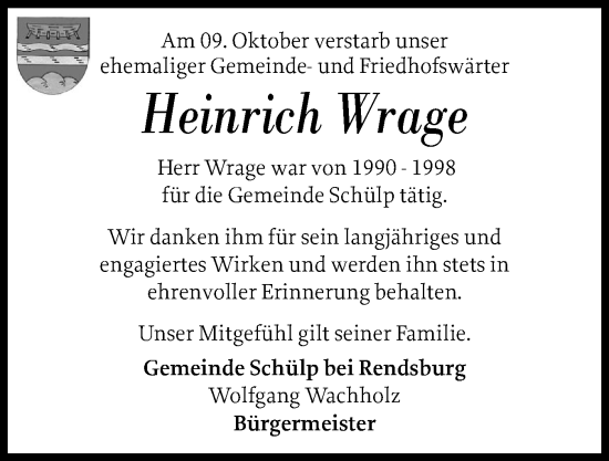 Traueranzeige von Heinrich Wrage von Schleswig-Holsteinische Landeszeitung