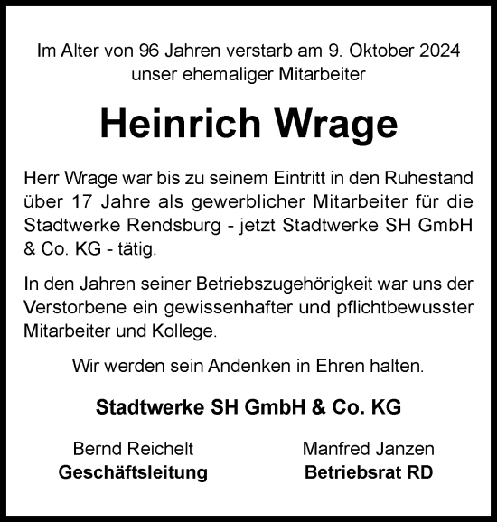 Traueranzeige von Heinrich Wrage von Schleswig-Holsteinische Landeszeitung