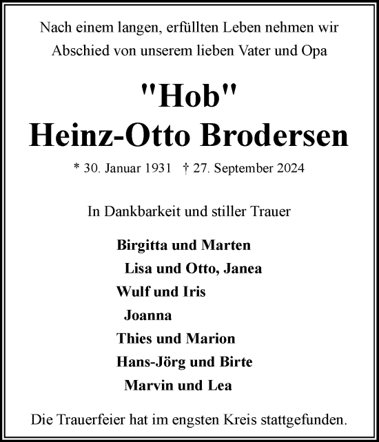 Traueranzeige von Heinz-Otto Brodersen von Flensburger Tageblatt