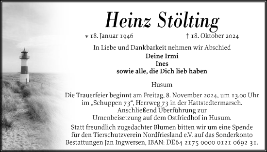 Traueranzeige von Heinz Stölting von Husumer Nachrichten, Nordfriesland Tageblatt