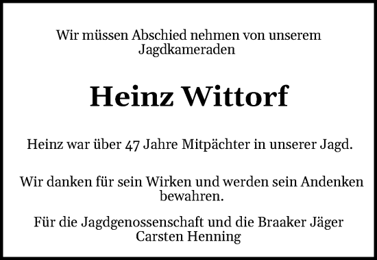 Traueranzeige von Heinz Wittorf von Holsteinischer Courier