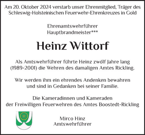 Traueranzeige von Heinz Wittorf von Holsteinischer Courier