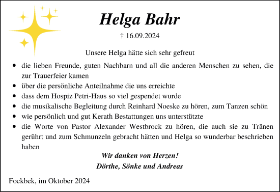 Traueranzeige von Helga Bahr von Schleswig-Holsteinische Landeszeitung