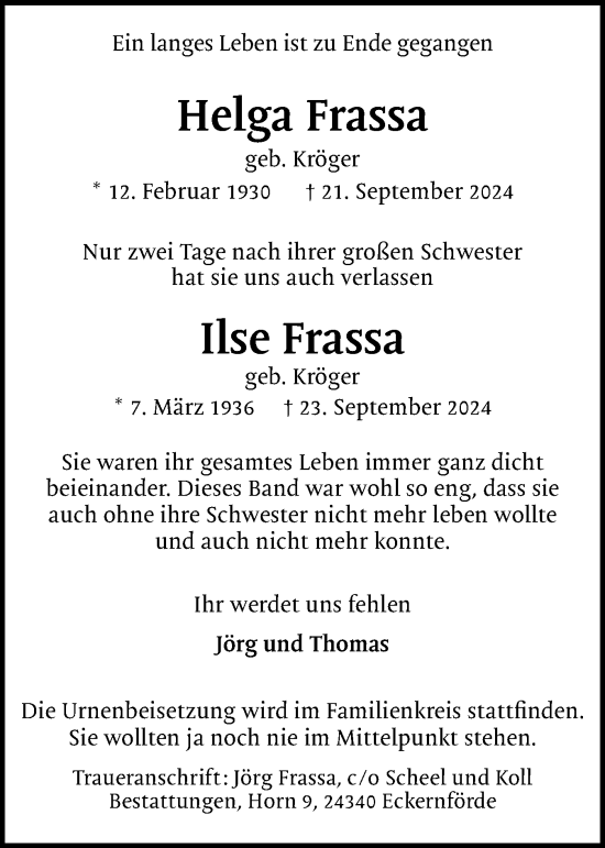 Traueranzeige von Helga Frassa von Region Pinneberg und tip Pinneberg