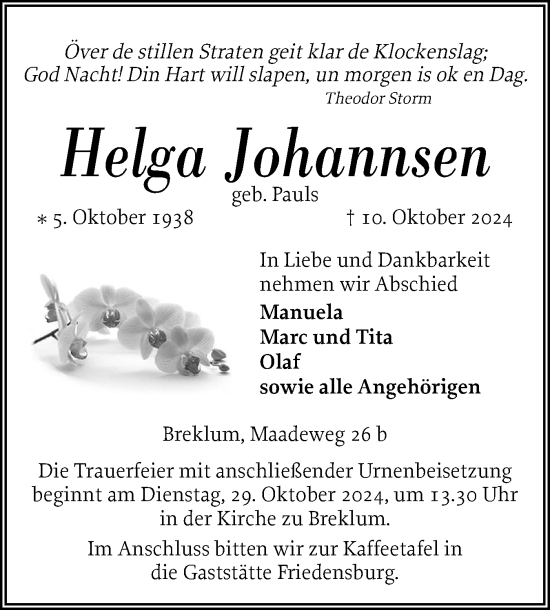 Traueranzeige von Helga Johannsen von Husumer Nachrichten, Nordfriesland Tageblatt