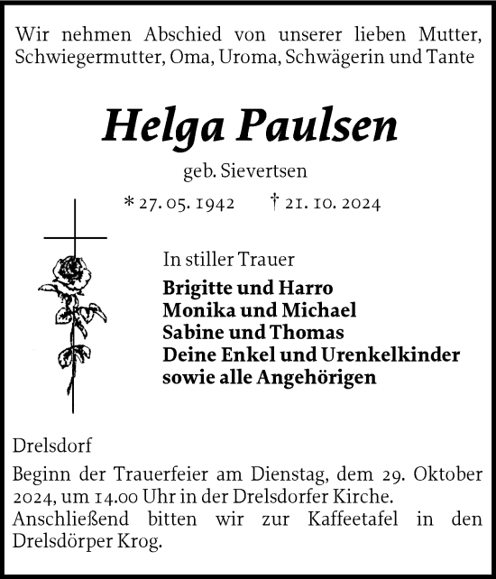 Traueranzeige von Helga Paulsen von Husumer Nachrichten, Nordfriesland Tageblatt