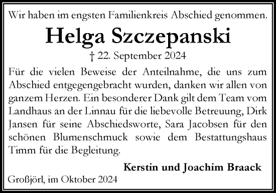 Traueranzeige von Helga Szczepanski von Flensburger Tageblatt