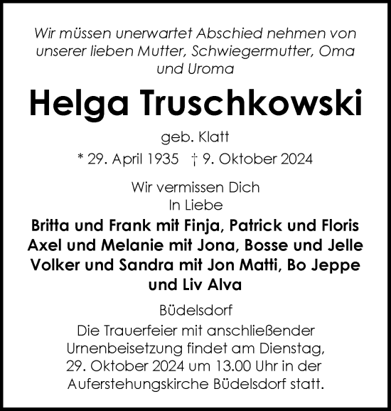 Traueranzeige von Helga Truschkowski von Schleswig-Holsteinische Landeszeitung