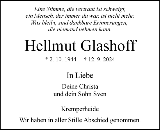 Traueranzeige von Hellmut Glashoff von Norddeutsche Rundschau, Wilstersche Zeitung, Glückstädter Fortuna