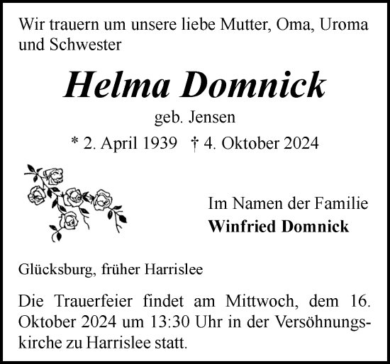 Traueranzeige von Helma Domnick von Flensburger Tageblatt