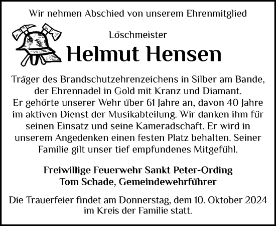 Traueranzeige von Helmut Hensen von Husumer Nachrichten, Nordfriesland Tageblatt