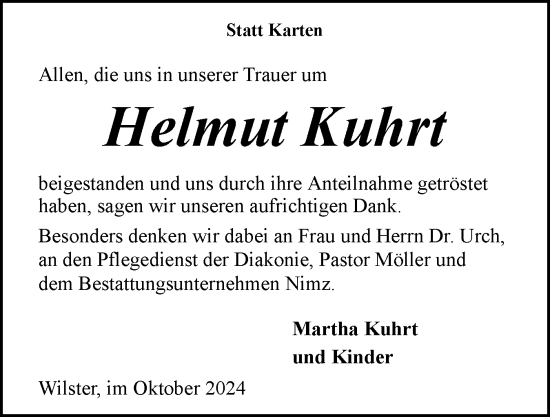 Traueranzeige von Helmut Kuhrt von Norddeutsche Rundschau, Wilstersche Zeitung, Glückstädter Fortuna