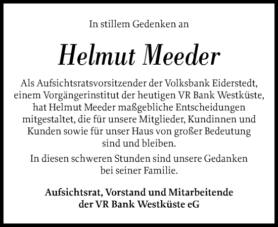 Traueranzeige von Helmut Meeder von Husumer Nachrichten, Nordfriesland Tageblatt