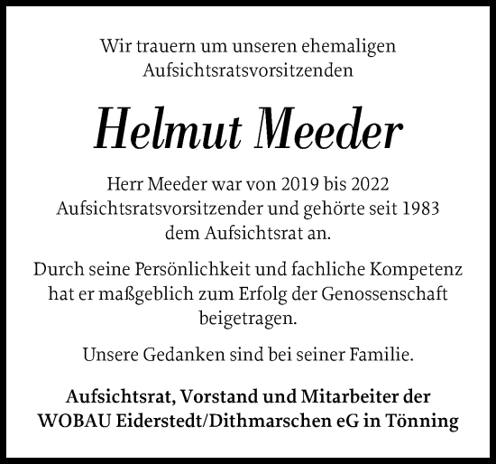 Traueranzeige von Helmut Meeder von Husumer Nachrichten, Nordfriesland Tageblatt