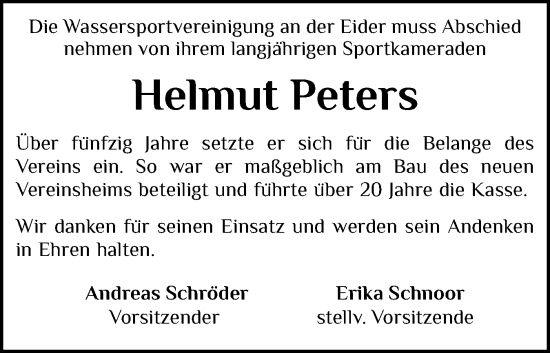 Traueranzeige von Helmut Peters von Schleswig-Holsteinische Landeszeitung