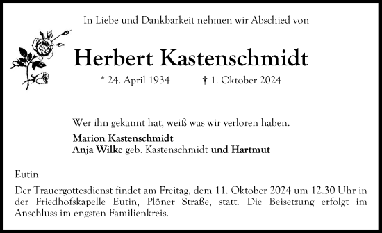 Traueranzeige von Herbert Kastenschmidt von Ostholsteiner Anzeiger