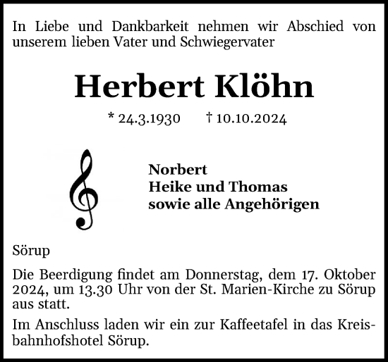 Traueranzeige von Herbert Klöhn von Flensburger Tageblatt