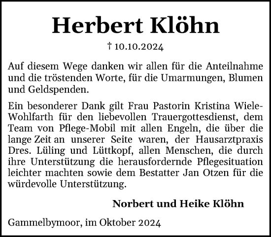 Traueranzeige von Herbert Klöhn von Flensburger Tageblatt