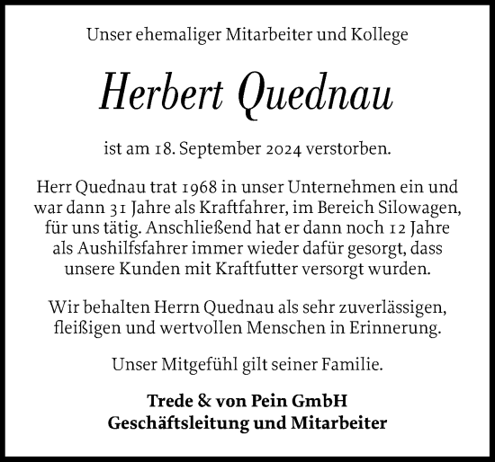 Traueranzeige von Herbert Quednau von Norddeutsche Rundschau, Wilstersche Zeitung, Glückstädter Fortuna