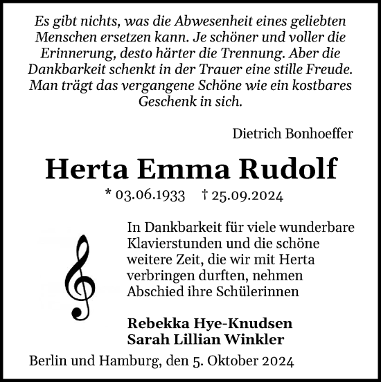 Traueranzeige von Herta Emma Rudolf von Flensburger Tageblatt