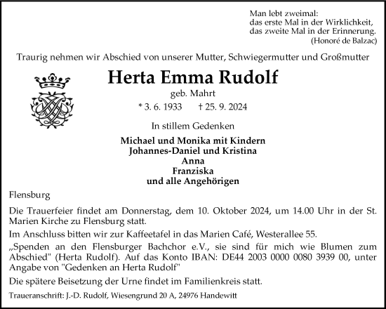 Traueranzeige von Herta Emma Rudolf von Flensburger Tageblatt