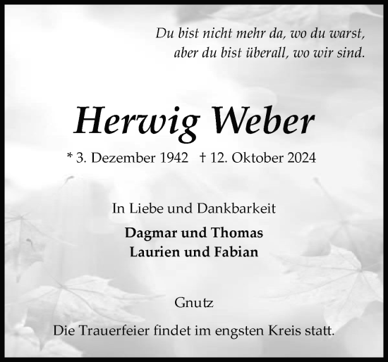 Traueranzeige von Herwig Weber von Schleswig-Holsteinische Landeszeitung