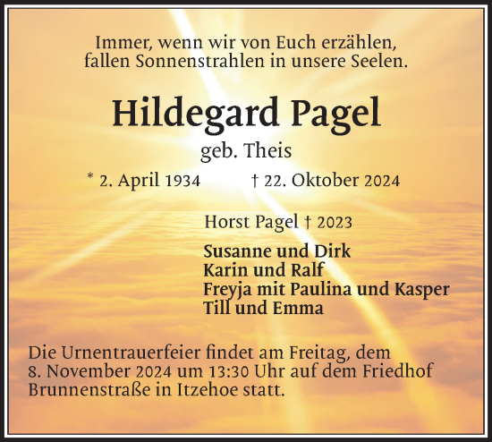 Traueranzeige von Hildegard Pagel von Norddeutsche Rundschau, Wilstersche Zeitung, Glückstädter Fortuna