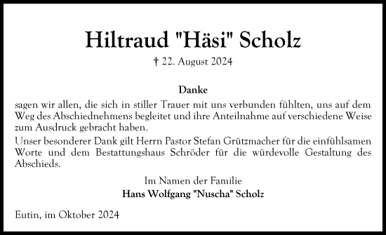 Traueranzeige von Hiltraud Scholz von Ostholsteiner Anzeiger
