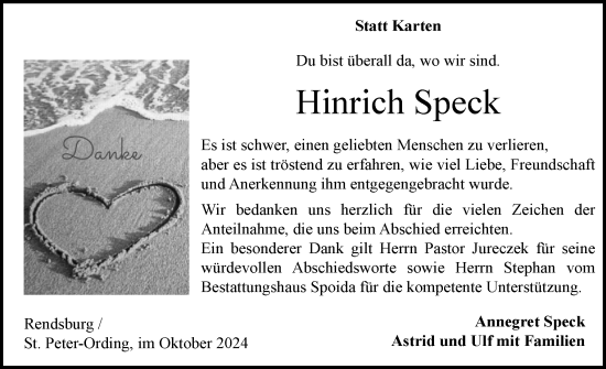 Traueranzeige von Hinrich Speck von Schleswig-Holsteinische Landeszeitung