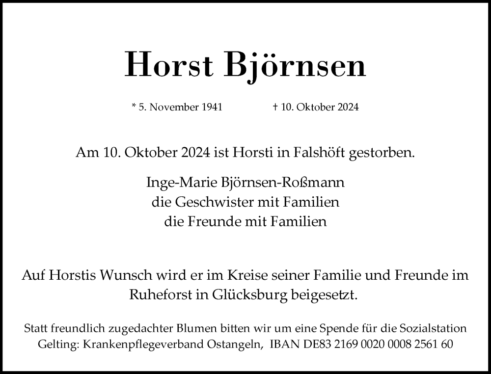  Traueranzeige für Horst Björnsen vom 19.10.2024 aus Flensburger Tageblatt