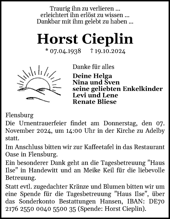 Traueranzeige von Horst Cieplin von Flensburger Tageblatt