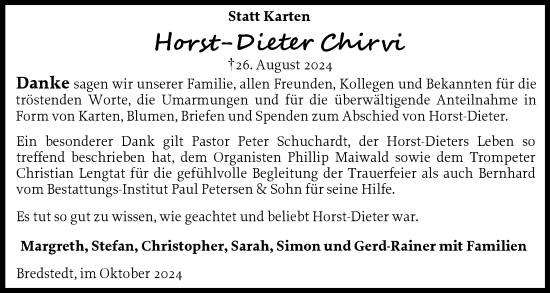 Traueranzeige von Horst-Dieter Chirvi von Husumer Nachrichten, Nordfriesland Tageblatt