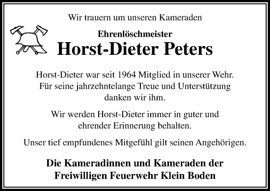 Traueranzeige von Horst-Dieter Peters von Stormaner Tageblatt