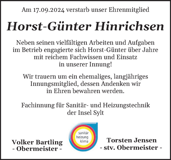 Traueranzeige von Horst-Günter Hinrichsen von Sylter Rundschau